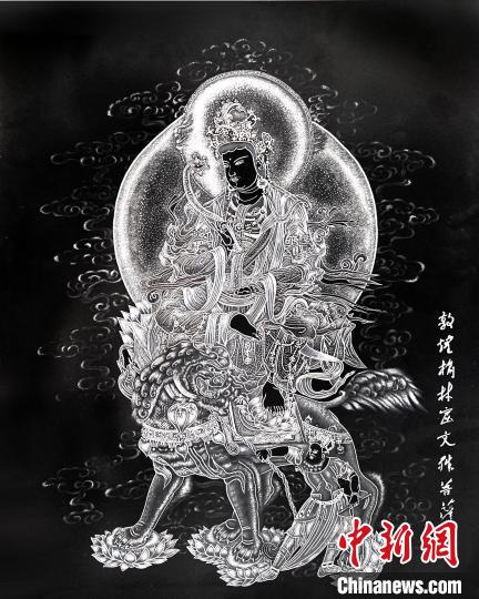 圖為朱增平創(chuàng)作的鍥金畫《敦煌榆林窟文殊菩薩》。(資料圖) 受訪者供圖