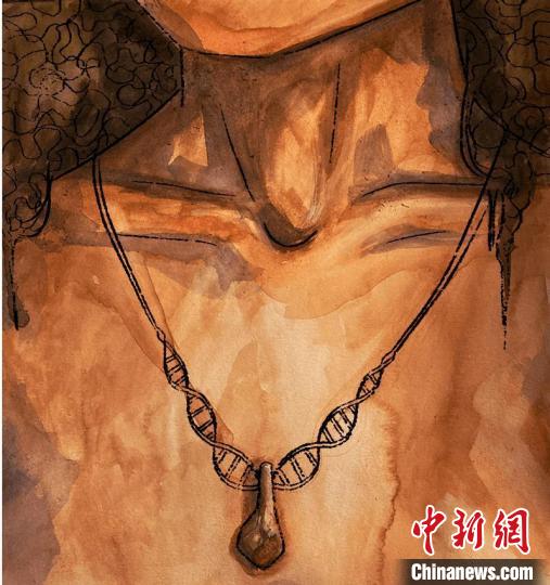 墜飾藝術(shù)再現(xiàn)圖，圖中吊墜繩為DNA螺旋樣式(圖片作者M(jìn)yrthe Lucas)?！∈┢樟指瘛ぷ匀?供圖