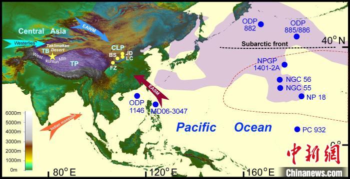 塔里木沙塵傳輸至北太平洋的路徑(陰影區(qū))及西昆侖山黃土巖芯位置(五角星)?！≈锌圃呵嗖馗咴?供圖