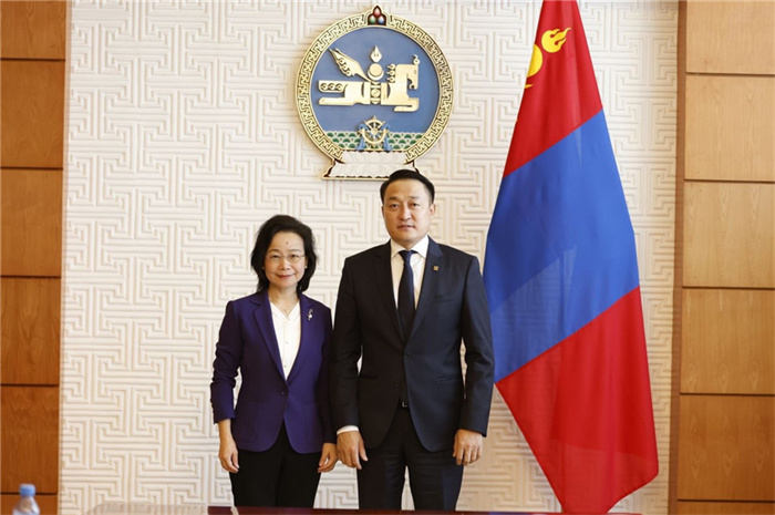 10月31日，中國(guó)駐蒙古國(guó)大使沈敏娟到任拜會(huì)蒙政府辦公廳主任兼蒙古人民黨總書(shū)記阿瑪爾巴伊斯格楞（右）。中國(guó)駐蒙古使館供圖