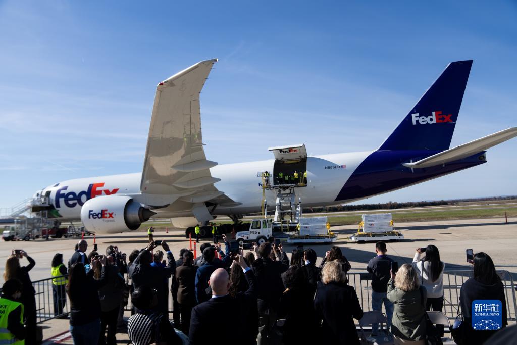 11月8日，在美國弗吉尼亞州的華盛頓杜勒斯國際機場，裝有大熊貓的特制“旅行包廂”準備運上專機。新華社記者劉杰攝