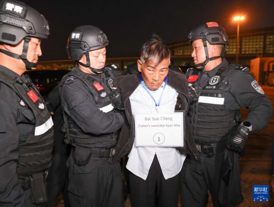 1月30日，在緬甸內(nèi)比都國際機(jī)場，緬甸警方依法向我公安機(jī)關(guān)移交緬北重大犯罪嫌疑人白所成。新華社記者 殷剛 攝