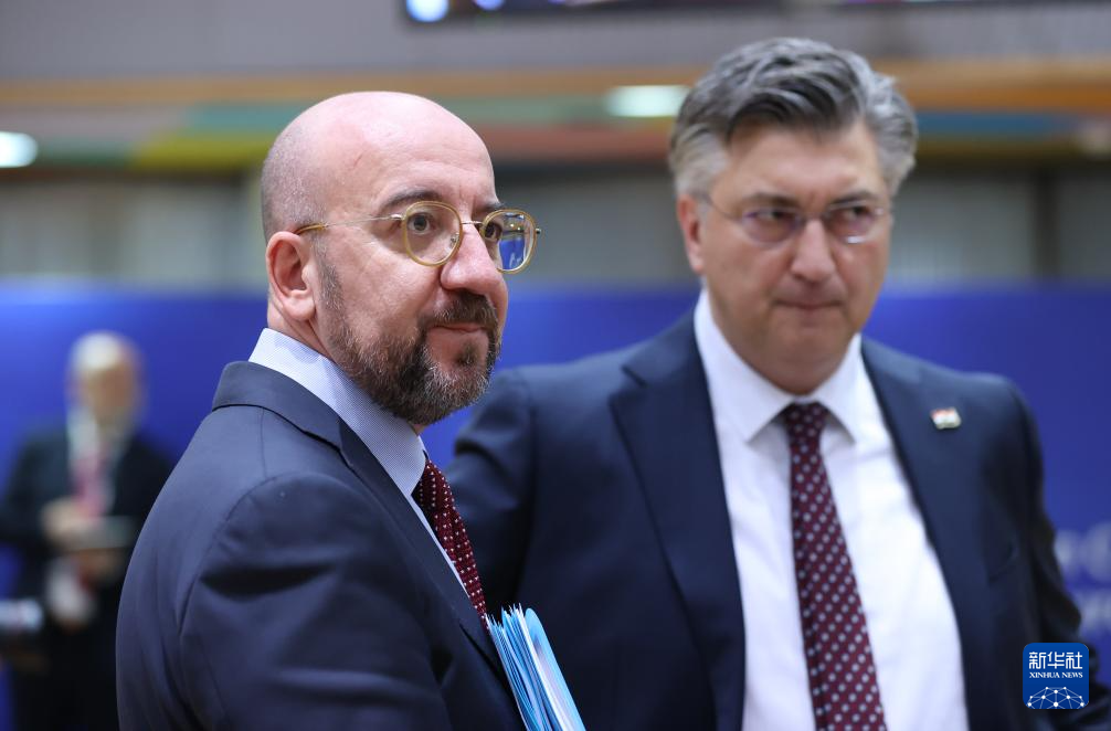 2月1日，歐洲理事會主席米歇爾（左）出席在比利時布魯塞爾舉行的歐盟特別峰會。新華社記者 趙丁喆 攝