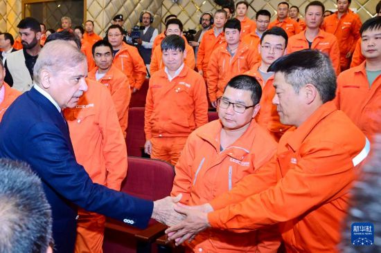 4月1日，在巴基斯坦西北部開伯爾-普什圖省達(dá)蘇，巴基斯坦總理夏巴茲（左）同達(dá)蘇水電站項(xiàng)目中方員工握手。新華社發(fā)（巴基斯坦新聞與廣播部下轄媒體信息部門供圖）