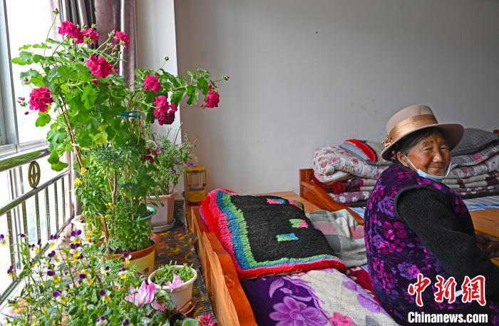 圖為曲松縣特困人員集中供養(yǎng)中心老人德吉卓嘎與她的花?！≮w朗 攝