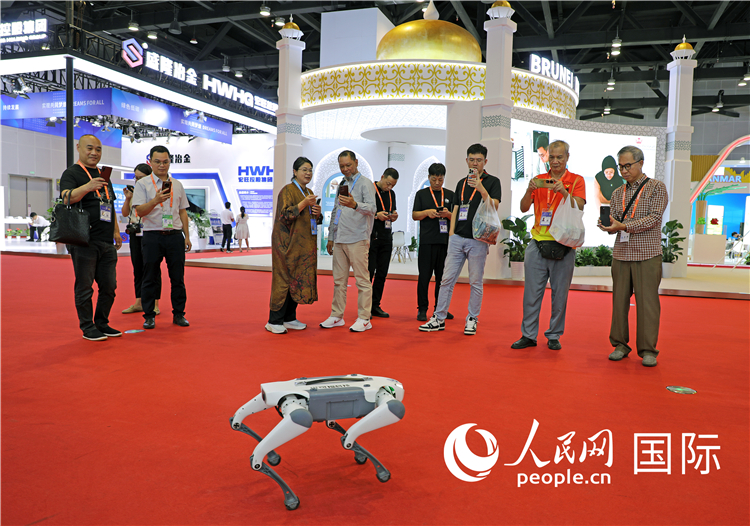 東博會上，觀眾正在參觀一只機器狗。綠色能源、新能源汽車、綠色農(nóng)產(chǎn)品等成為本屆東博會觀眾關(guān)注的焦點。人民網(wǎng)記者 趙益普攝