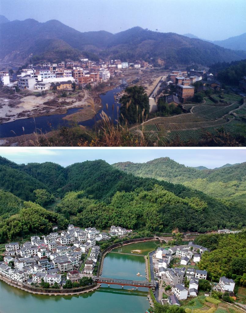 圖為浙江省杭州市淳安縣楓樹(shù)嶺鎮(zhèn)下姜村拼版圖，其中上圖為資料照片、下圖由新華社記者張鋮攝。