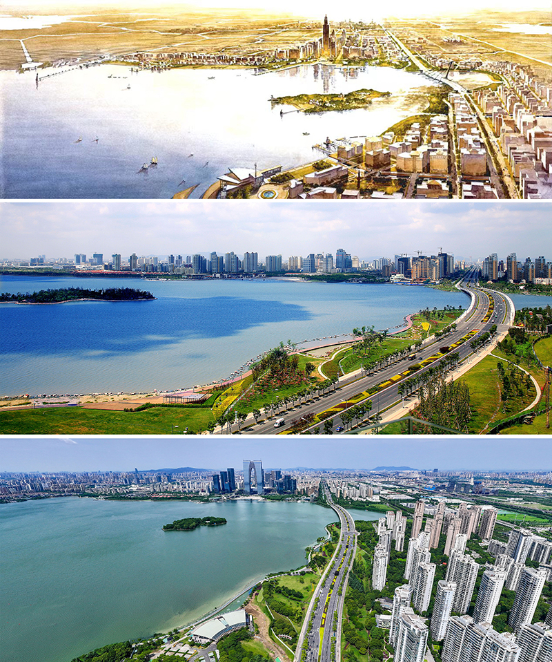 拼版照片：上圖為1994年繪制的蘇州工業(yè)園區(qū)手繪規(guī)劃圖；中圖為2007年拍攝的蘇州工業(yè)園區(qū)；下圖為2023年7月4日用無人機拍攝的蘇州工業(yè)園區(qū)。