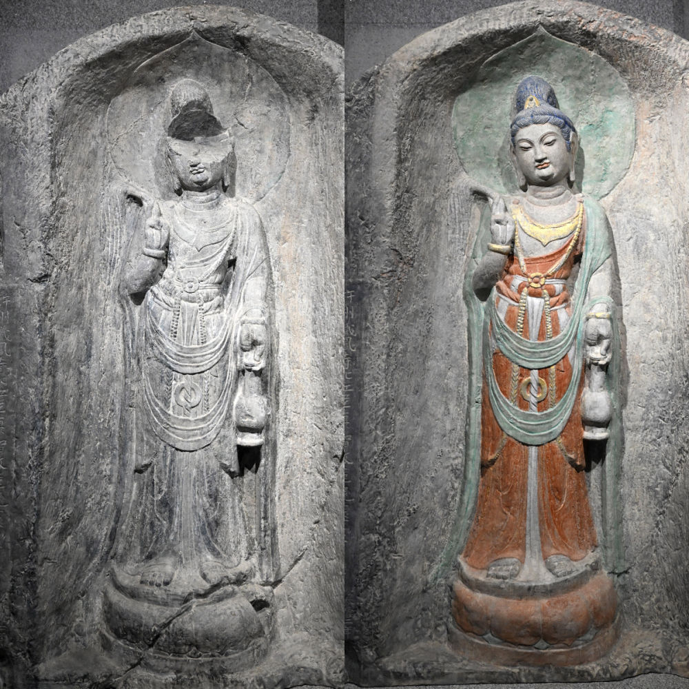 左圖為龍門石窟萬佛洞窟前南壁菩薩造像的3D打印模型；右圖為利用數(shù)字化技術(shù)復(fù)原后的3D打印模型（2025年4月10日攝，拼版照片）。復(fù)原后的像龕精妙絕倫，栩栩如生，被游客譽(yù)為“龍門最美菩薩”。圖片來源新華社