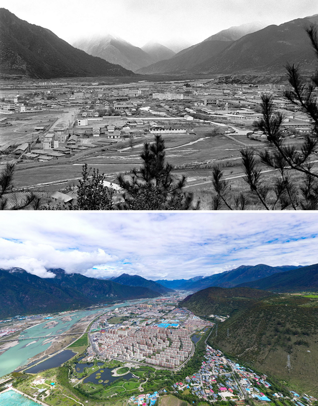 拼版照片：上圖是20世紀(jì)90年代的西藏林芝八一鎮(zhèn)；下圖是2021年7月20日拍攝的西藏林芝八一鎮(zhèn)風(fēng)貌。