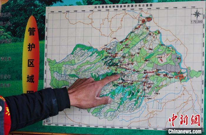 圖為桑杰加介紹管護(hù)區(qū)域分布?！●R銘言 攝