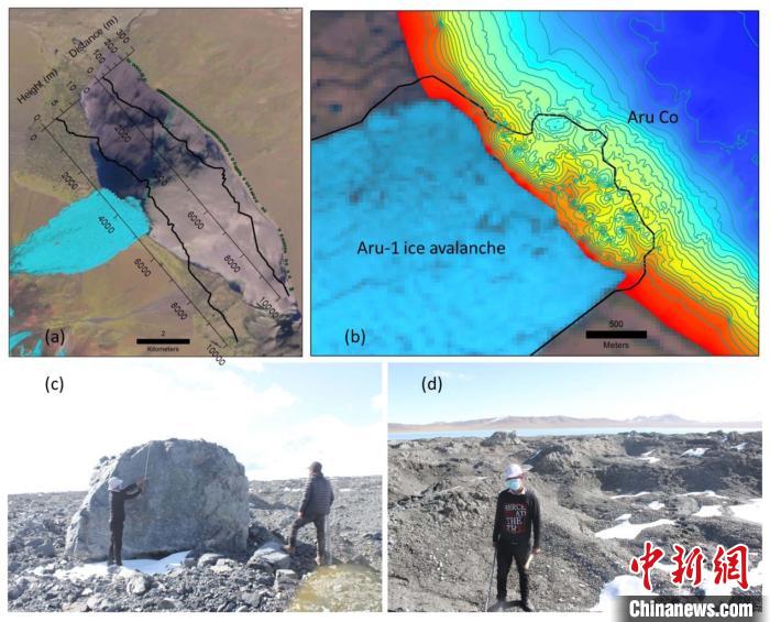 a。第一次冰崩在阿汝錯(cuò)產(chǎn)生的巨大湖嘯；b。大量碎屑物質(zhì)帶入阿汝錯(cuò)，導(dǎo)致冰崩扇附近湖底地形產(chǎn)生顯著變化；c。冰體融化后冰崩扇上留下的巨石；d。大量碎屑物質(zhì)。中科院青藏高原所 供圖