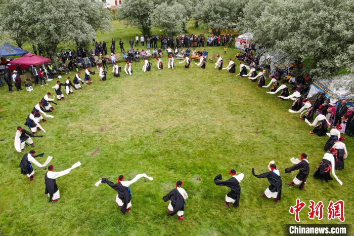 資料圖為西藏昌都丁青縣民眾跳歡快的鍋莊舞?！〗w波 攝