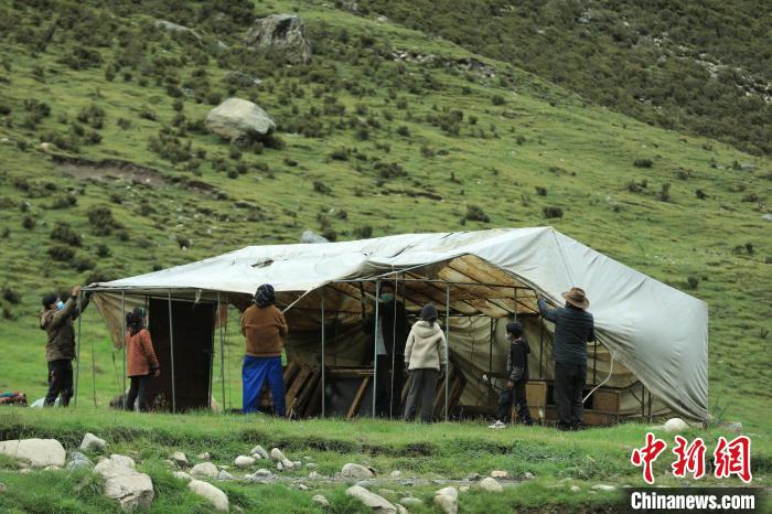 圖為牧民們在秋季牧場搭建帳篷?！÷蹇?攝