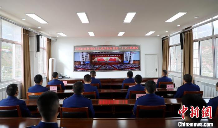 圖為西藏昌都市森林消防支隊(duì)收看二十大開幕直播?！⌒焖寂?攝