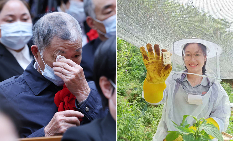 左圖為2021年2月25日，黃文秀的父親黃忠杰在全國(guó)脫貧攻堅(jiān)表彰大會(huì)上；右圖為黃文秀生前工作照。
