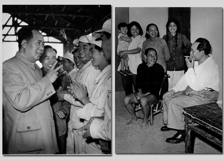 左圖：1959年，毛主席在安徽視察工廠時(shí)，同煉鋼工人親切談話。右圖：1959年，毛主席在湖南視察韶山，同貧農(nóng)社員親切談話。